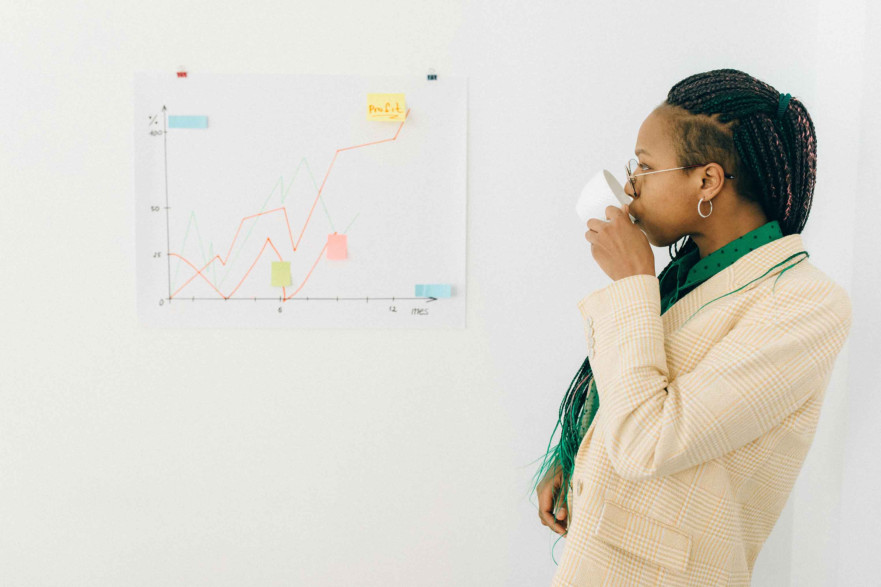 Woman Drinking Tea Looking at Chart Board